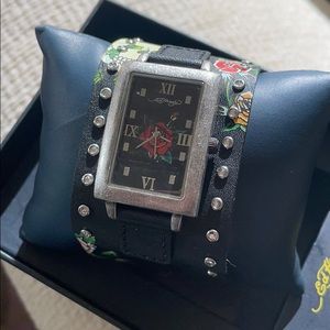 Black Leather Ed Hardy Watch